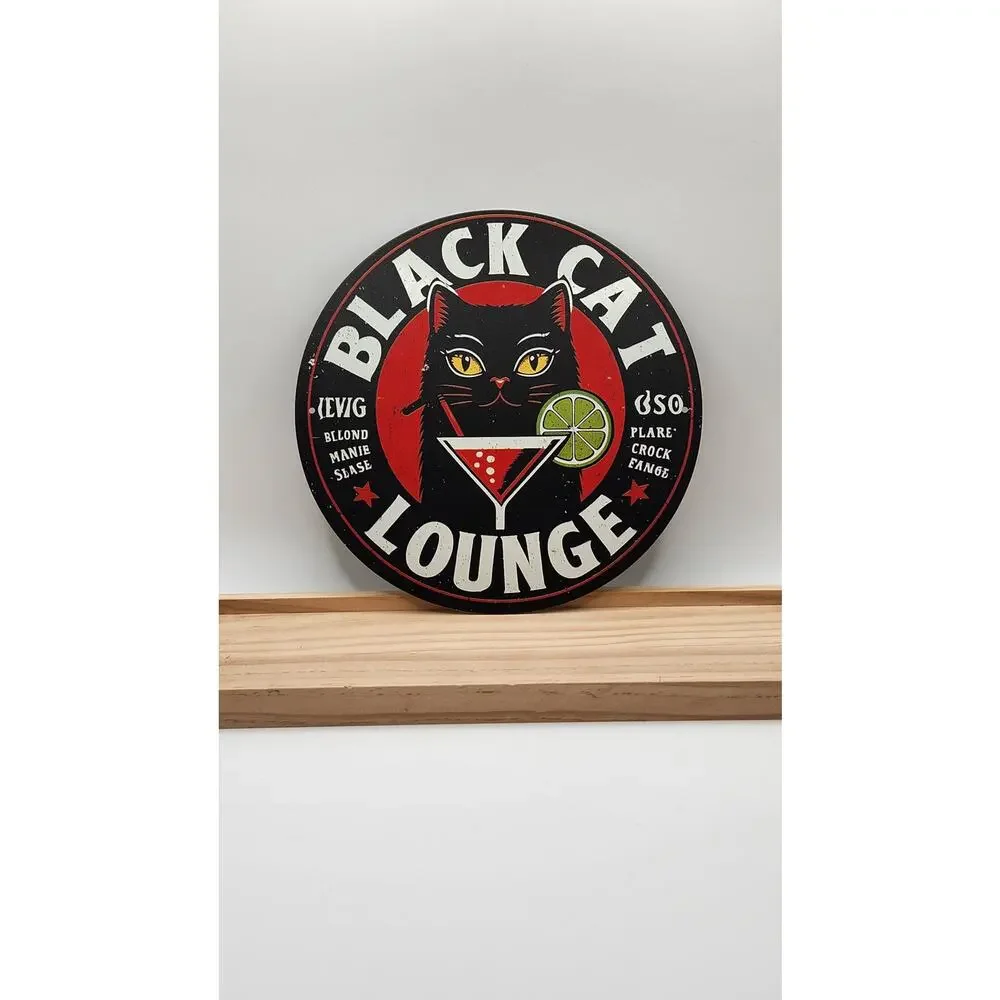 Brand New Black Cat Lounge Cocktail Round Metal Wall Sign